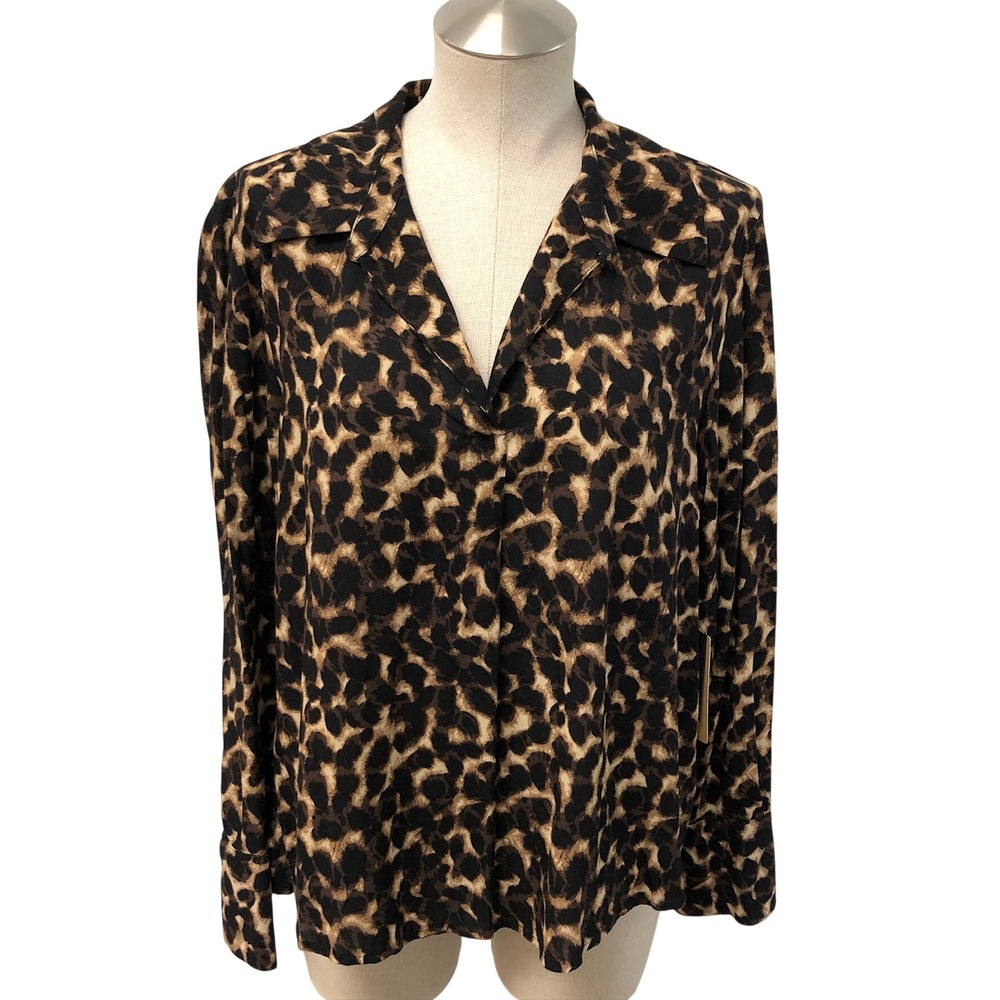 Halogen Blouse Womens Large Nomad Camel Leopard Print Long Sleeve Office Career